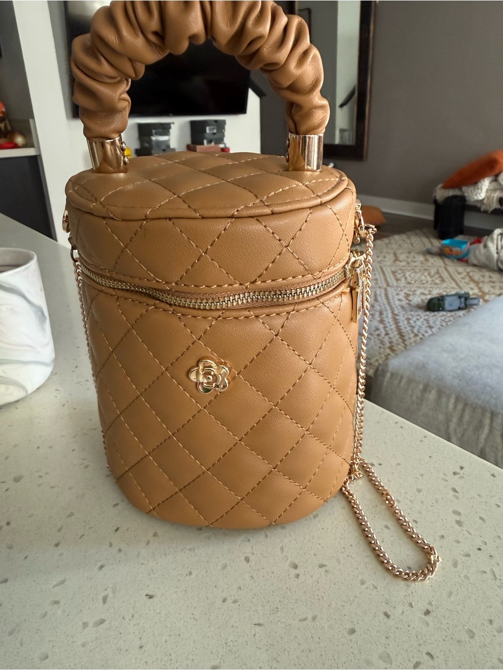 Quilted Tan Mini Barrel Bag with Gold Chain Strap